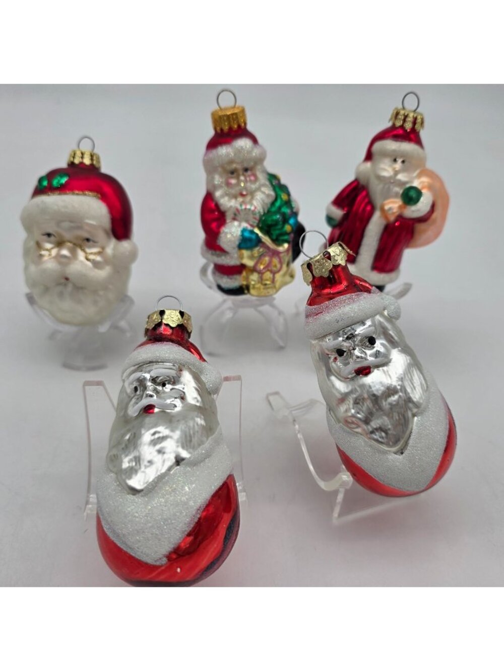 VTG Santa Claus Glass Christmas Ornaments Red White Glitter Hand-Painted